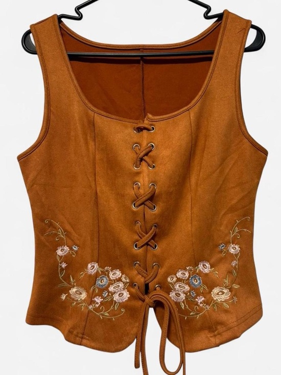 Tops - Brown Floral Embroidered Lace-Up Suede-Look Tank Vest Top L